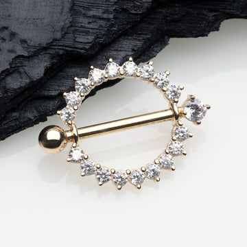Detail View 1 of A Pair of 14 Karat Gold Glistening Sunburst Sparkles Nipple Shield Ring-Clear Gem